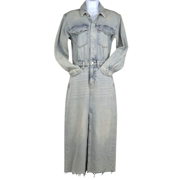 Pistola Amira Long Sleeve Midi Denim Dress Snap Front Light Wash Size XXS NWT - Picture 2 of 13